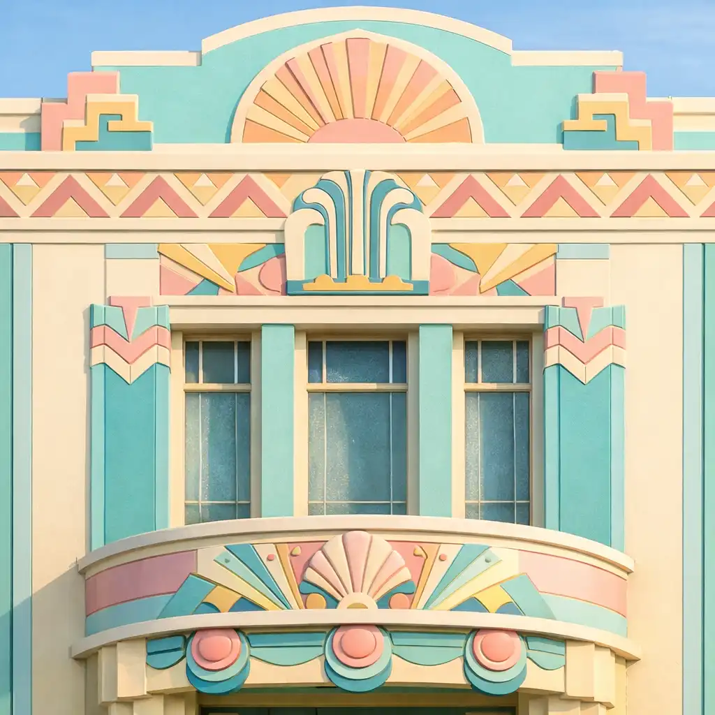 Art Deco building facade in Napier with geometric patterns and pastel colours