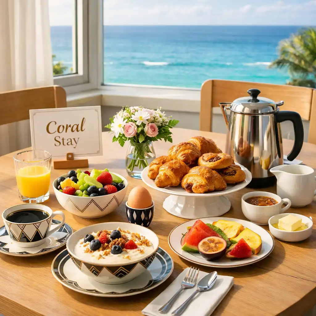 Sunlit breakfast table with pastries, fruit, yogurt, and coffee