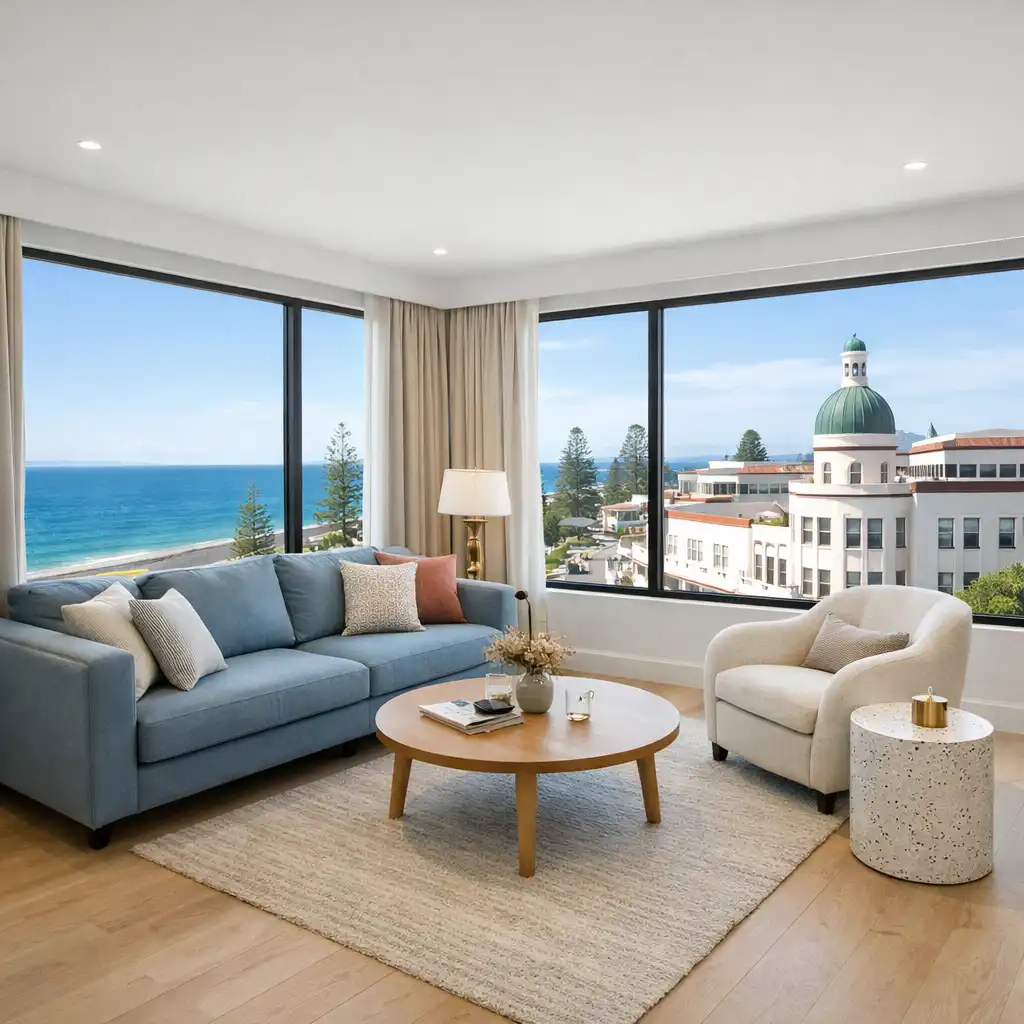 Spacious Coastal Corner Suite living area with corner windows showing sea and city views