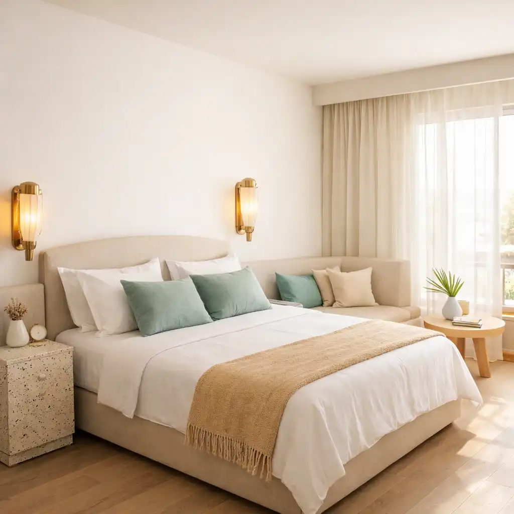 Sunlit Coral King room with a king bed, pale timber floors, and Art Deco wall sconces