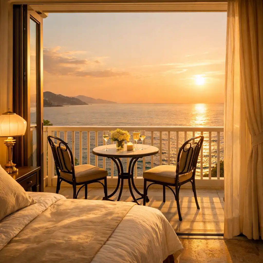 Coral Suite balcony with a bistro table and chairs overlooking the ocean at golden hour