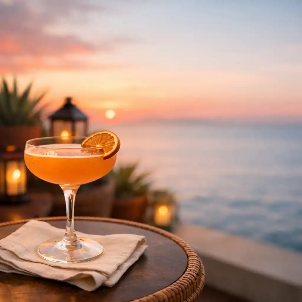 A stylish cocktail on a terrace table with an ocean view at sunset