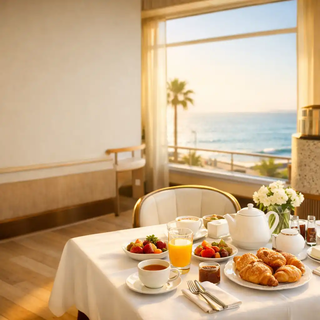 A bright breakfast table set by a sea-facing window with fresh fruit, pastries, and a pot of tea
