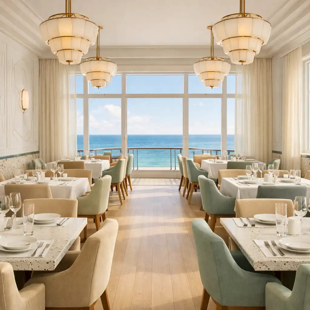 Interior of the Coral Stay dining room with sea views, pale timber floors, and Art Deco details