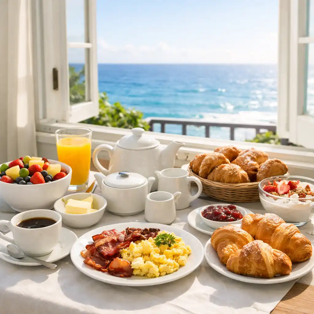 A breakfast table by a sea-view window with fresh fruit, pastries, and tea