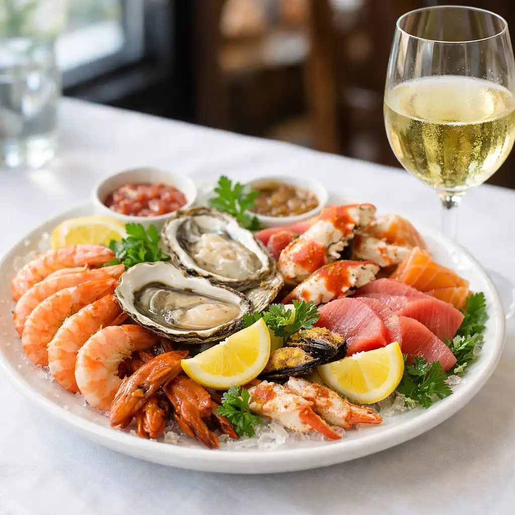 A plate of fresh seafood with lemon and herbs beside a glass of white wine