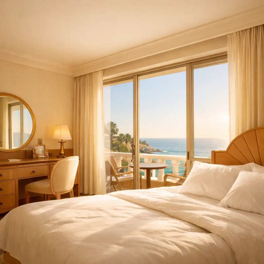 Sunlit Coral Stay bedroom with sea-facing windows, pale timber furniture, and soft white linens