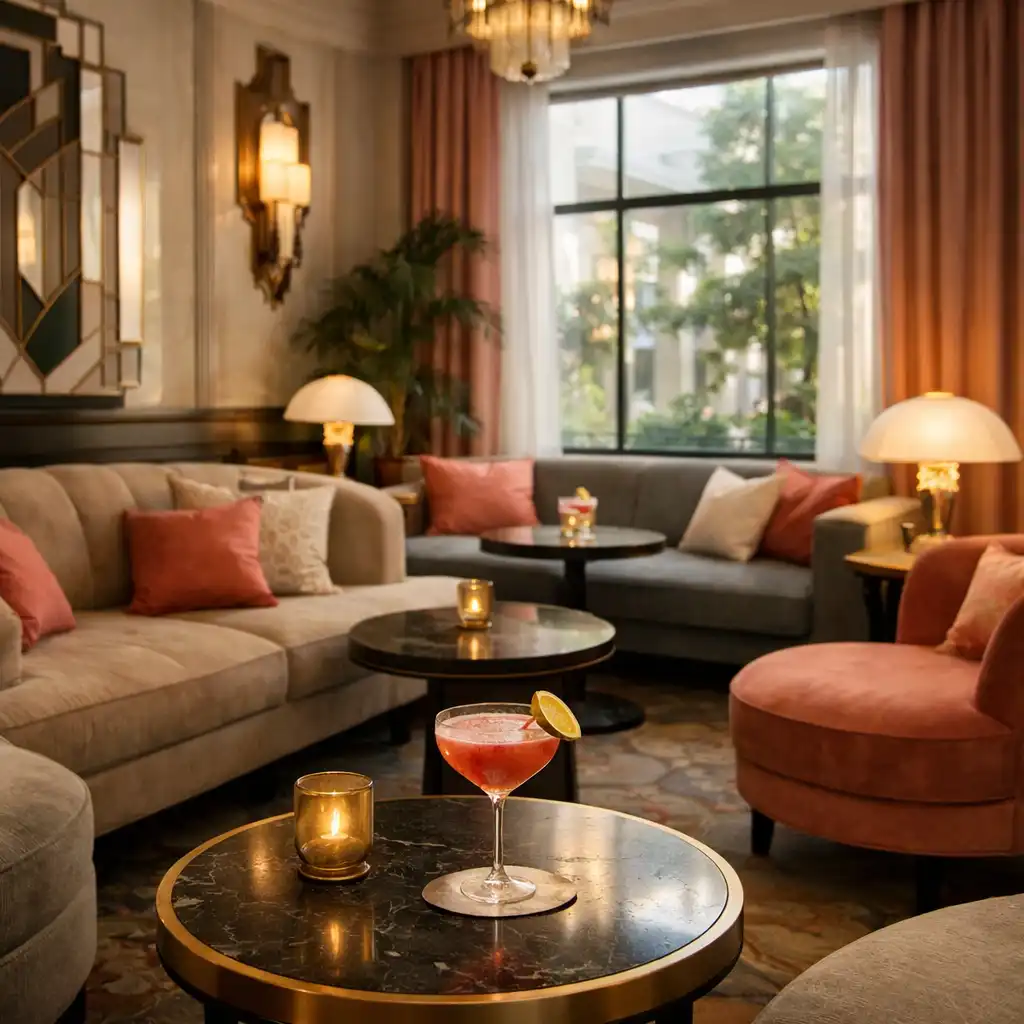 A relaxed lounge with comfortable sofas, soft cushions, and Art Deco decor