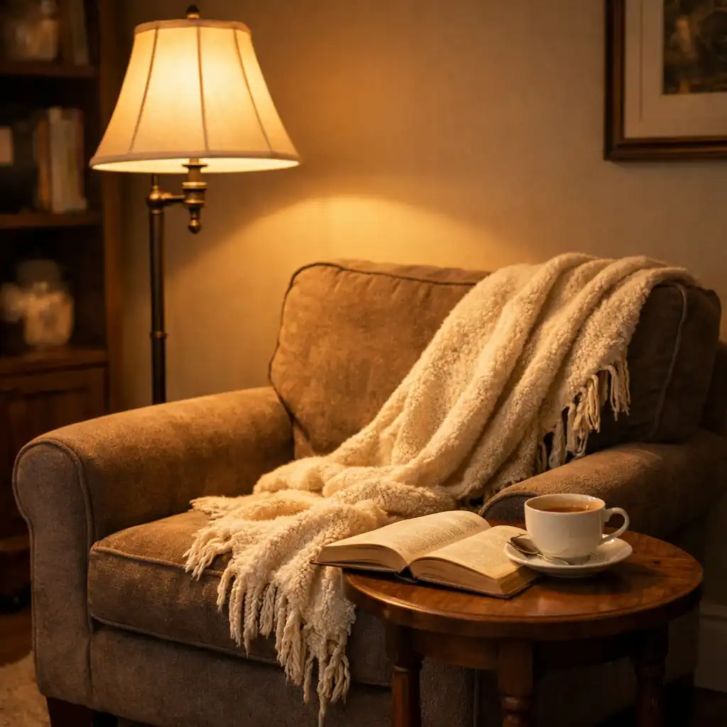 A cozy lounge corner with a reading chair, floor lamp, and a side table with tea
