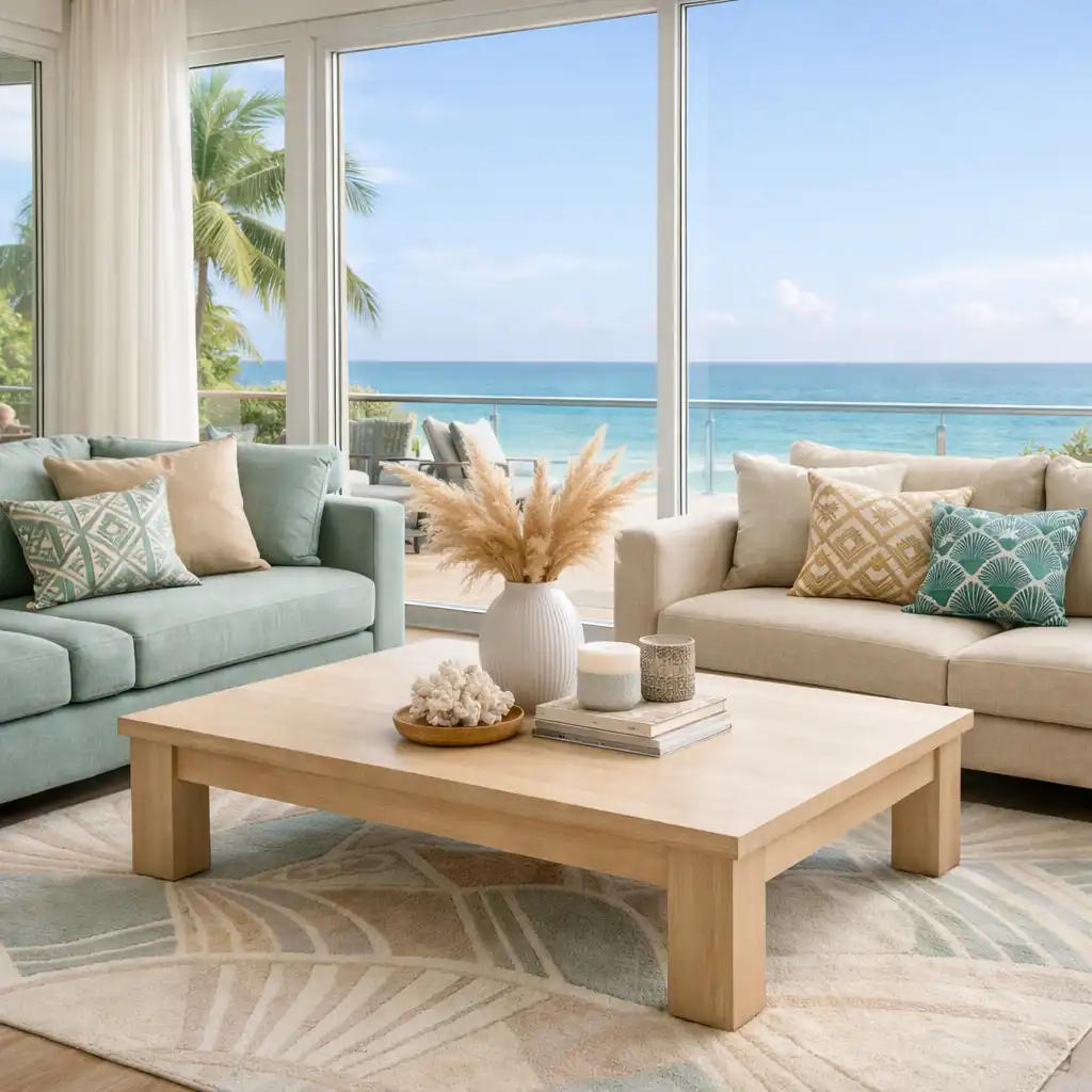 Main lounge at Coral Stay with plush sofas and ocean views