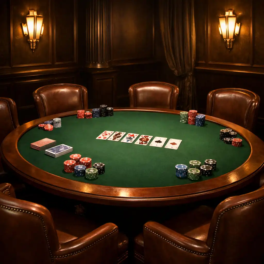 An elegant social poker lounge with a round green felt table, leather chairs, and playing cards