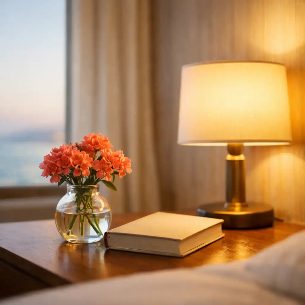 A bedside table with a small vase of coral flowers, a book, and a softly glowing lamp