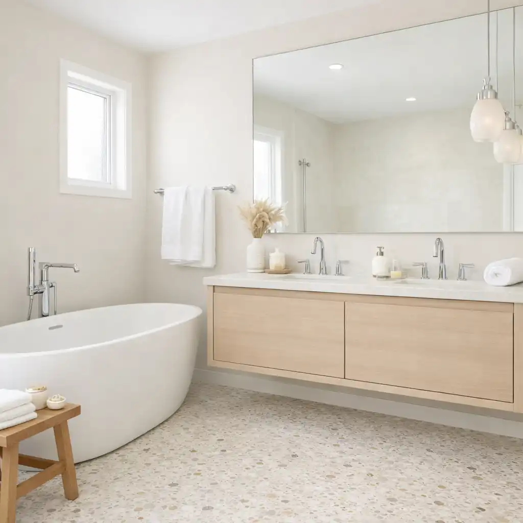 A bright hotel bathroom with terrazzo floors, a freestanding bathtub, and a large mirror