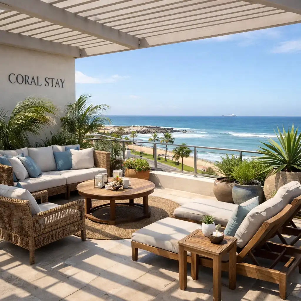 Outdoor terrace at Coral Stay with seating and coastal plants