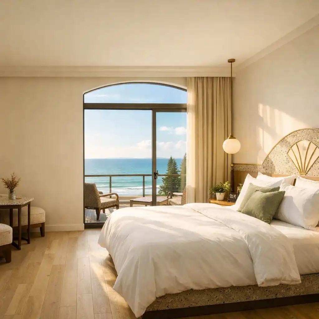 Sunlit Coral Stay room with a wide window overlooking the Pacific Ocean