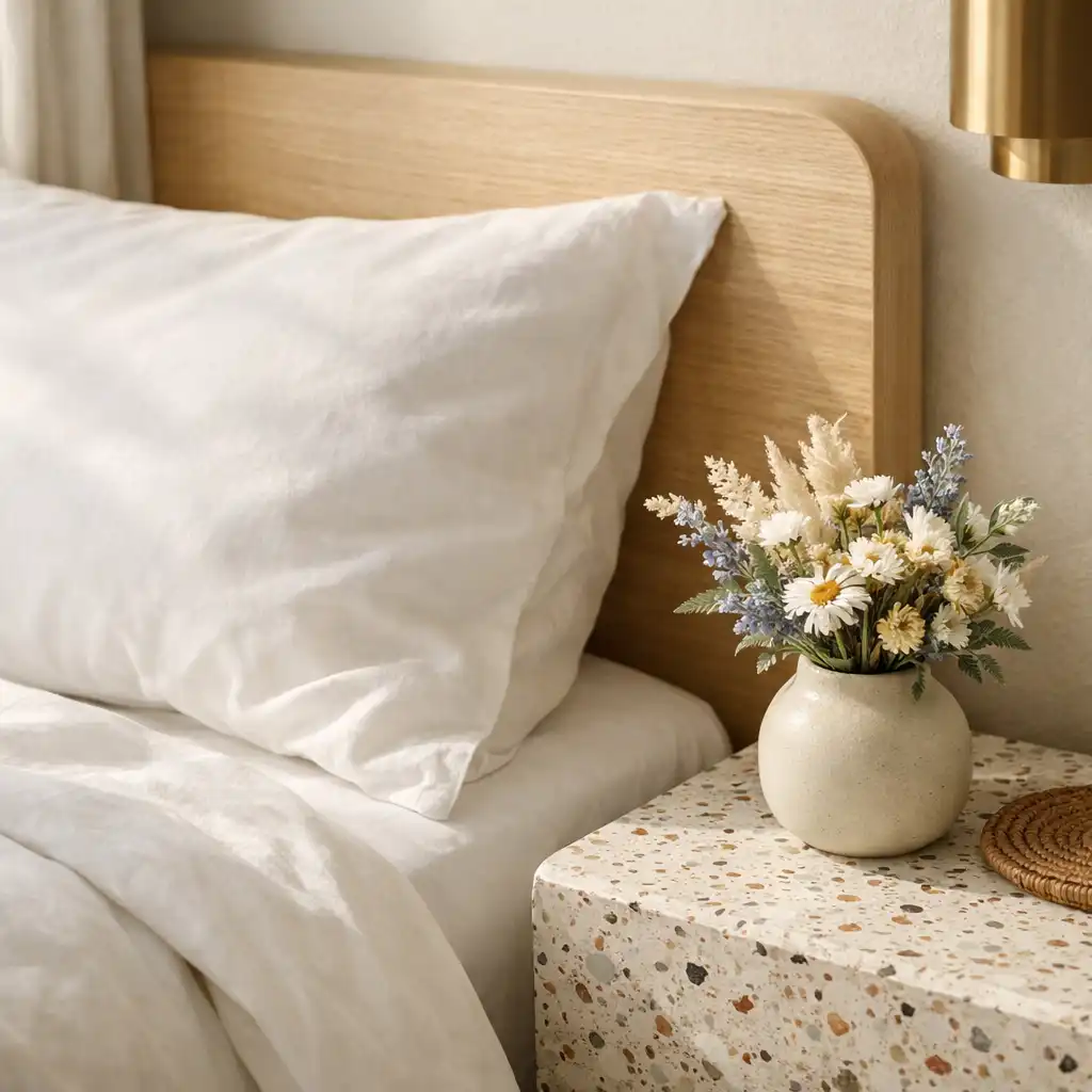 Close-up of Coral Stay bedding and terrazzo side table with coastal flowers