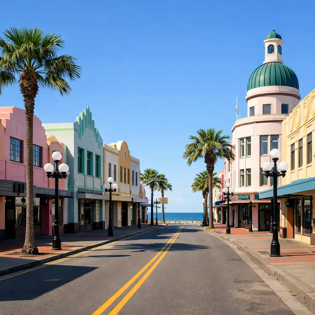 Pastel Art Deco buildings along a sunny Napier street