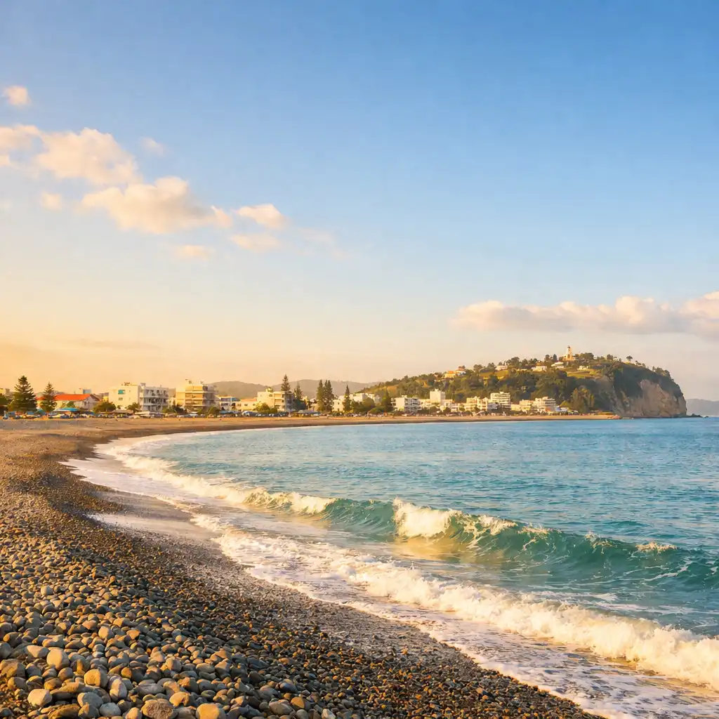 Sunlit coastline of Napier with gentle waves and the city skyline in the distance