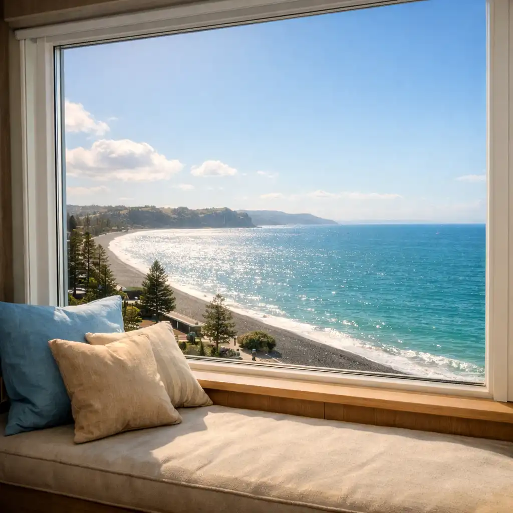 View from an Ocean Room window overlooking Hawke's Bay with a cozy window seat
