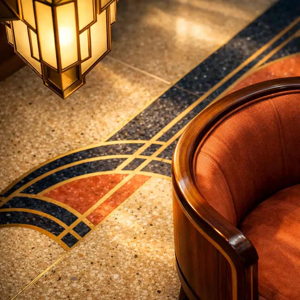Close-up of Art Deco details in the Coral Stay lounge, including a geometric brass light fixture and patterned terrazzo floor