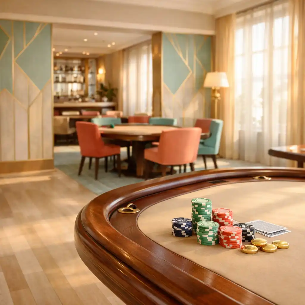 Sunlit Coral Stay poker lounge with a polished wooden table, soft beige felt, and neatly stacked symbolic chips in an Art Deco room