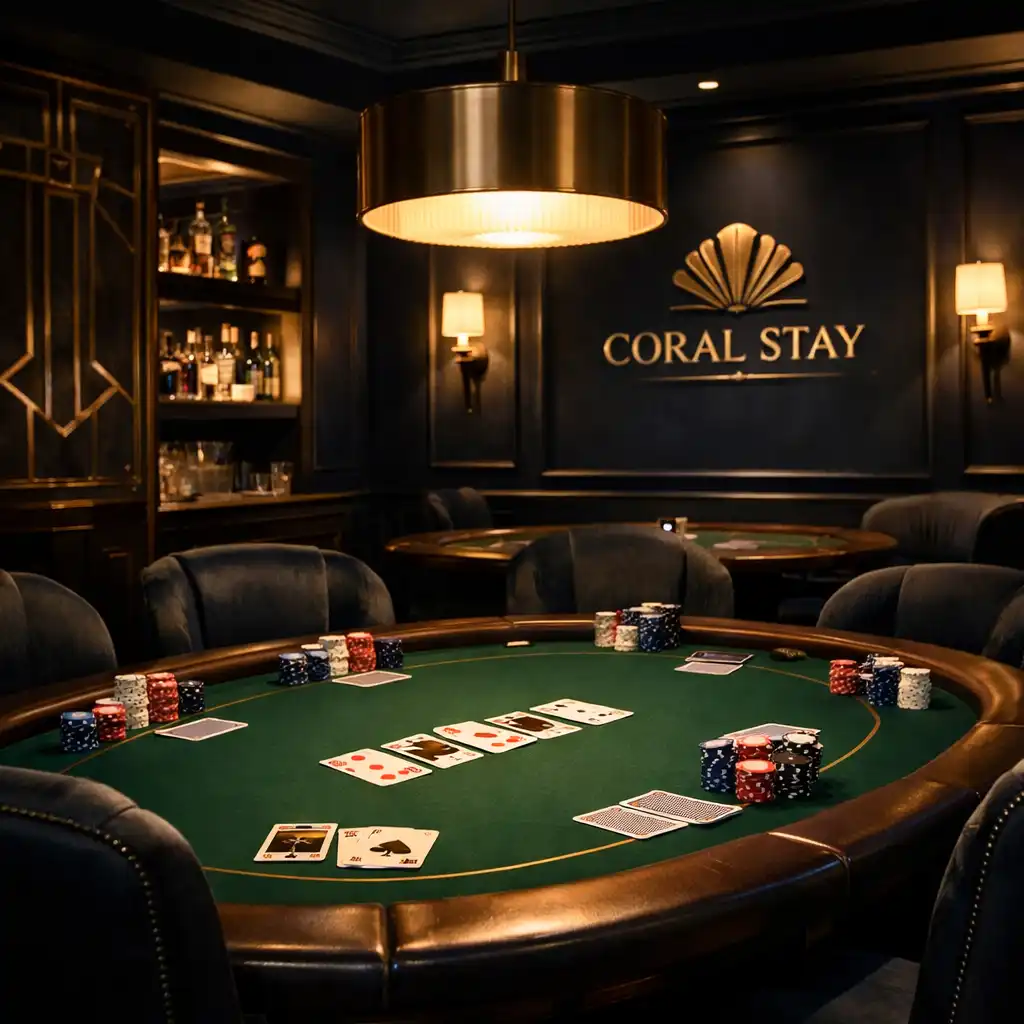 Sophisticated Coral Stay poker lounge at night with physical table, cards, and symbolic chips
