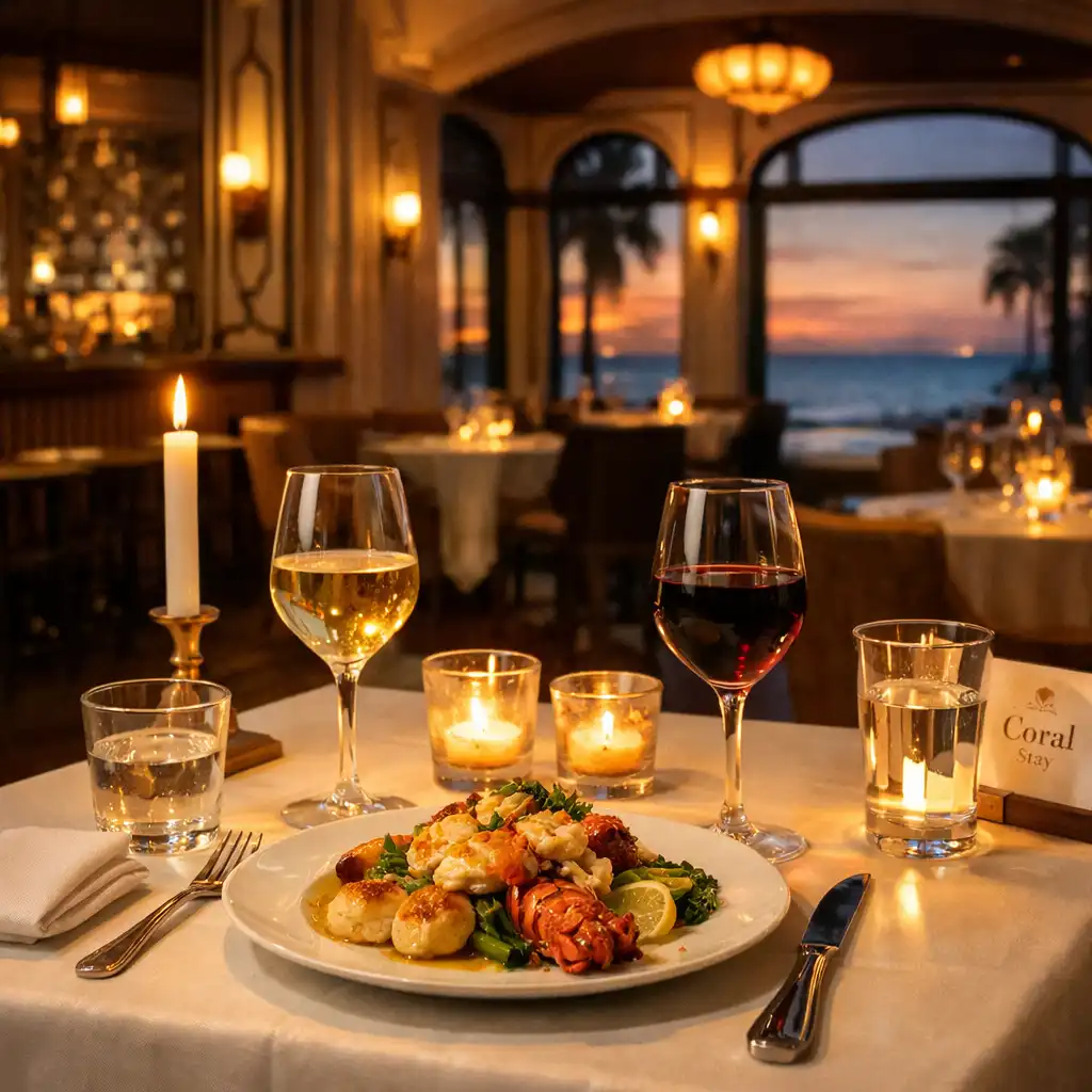 Elegant dinner table for two with seafood dish and wine glasses