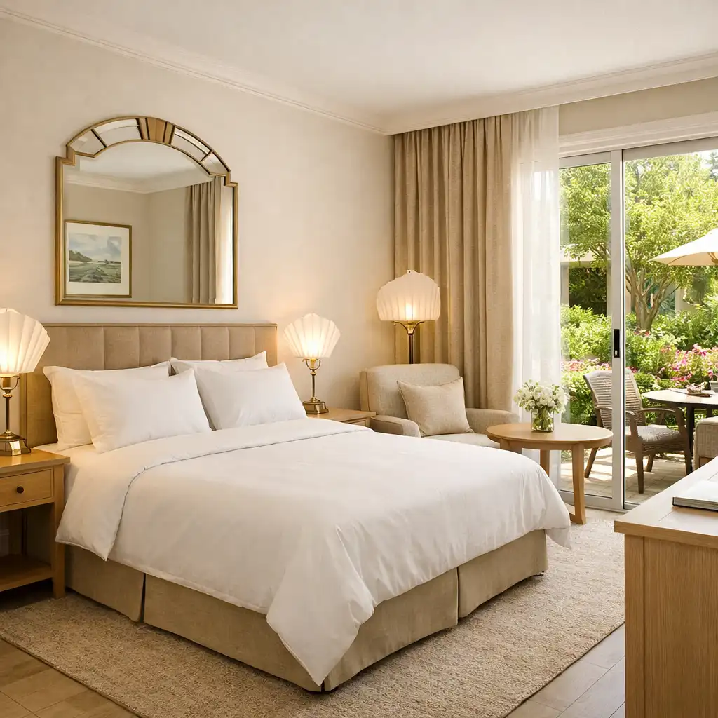 Classic Coral Stay room with queen bed, pale timber furniture, and garden view