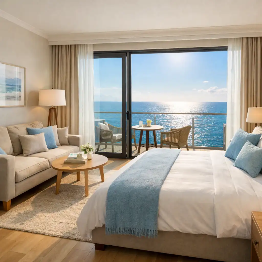 Deluxe ocean room with king bed and private balcony facing the sea
