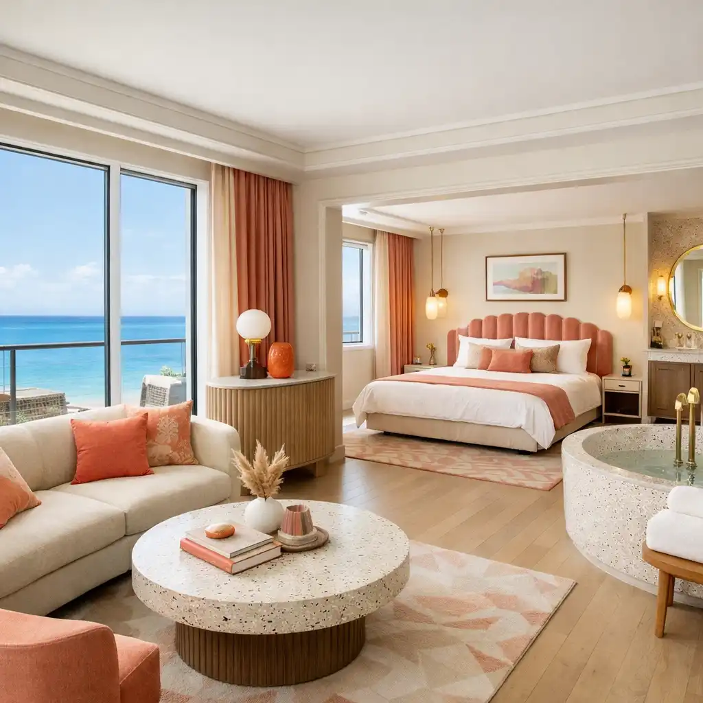 Spacious Coral Suite with separate living area and panoramic ocean views