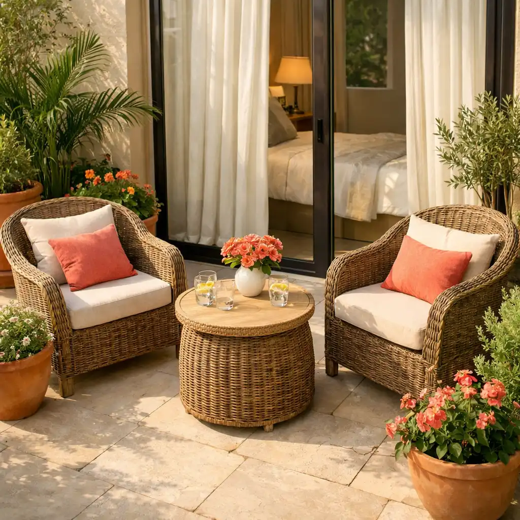 Private hotel terrace with wicker chairs, a small table, and potted greenery